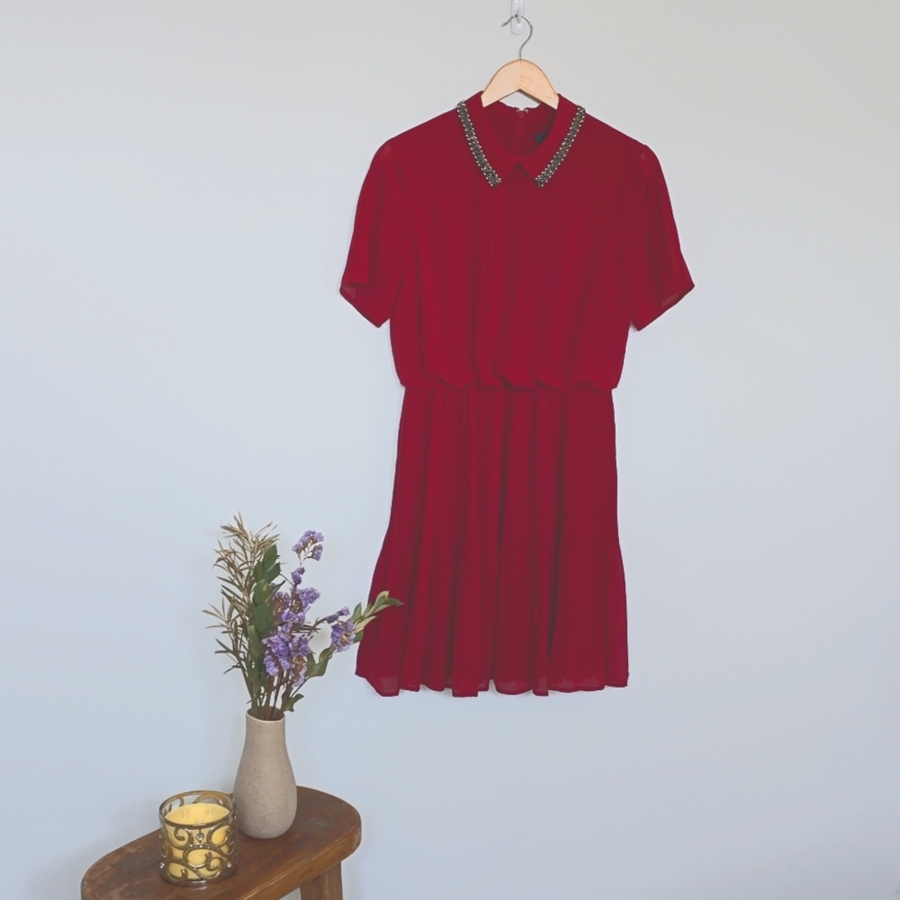 Andrew Marc New York Maroon Dress with Jeweled Collar